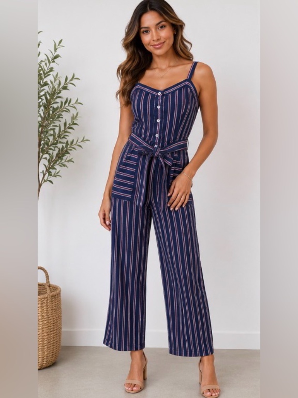 Striped Navy Tie-Waist Jumpsuit NWOT Small CUTE!!